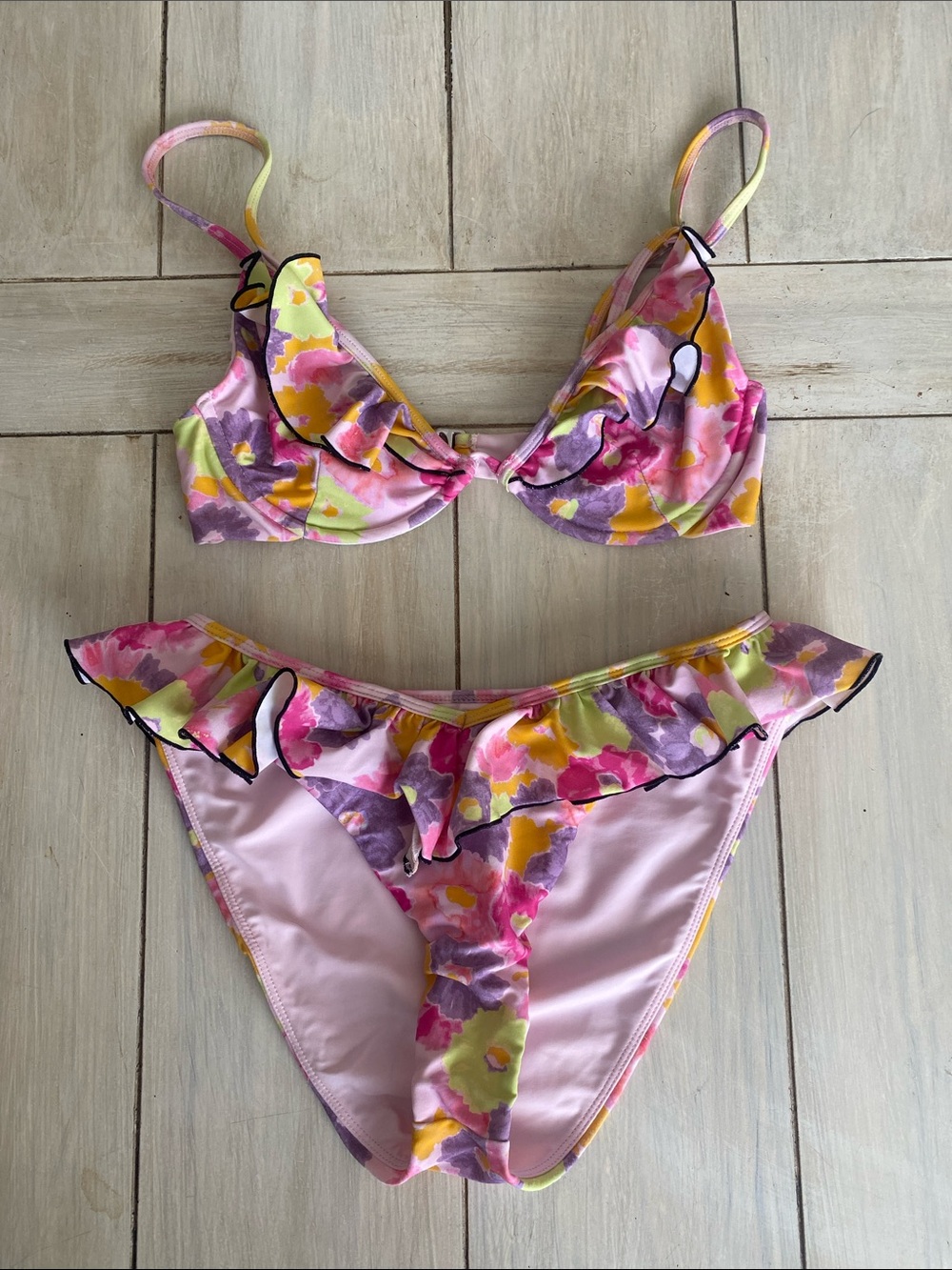 LPA Revolve Hot Pink Lime Purple Floral Ruffle Underwire Bikini Two Piece Set S
